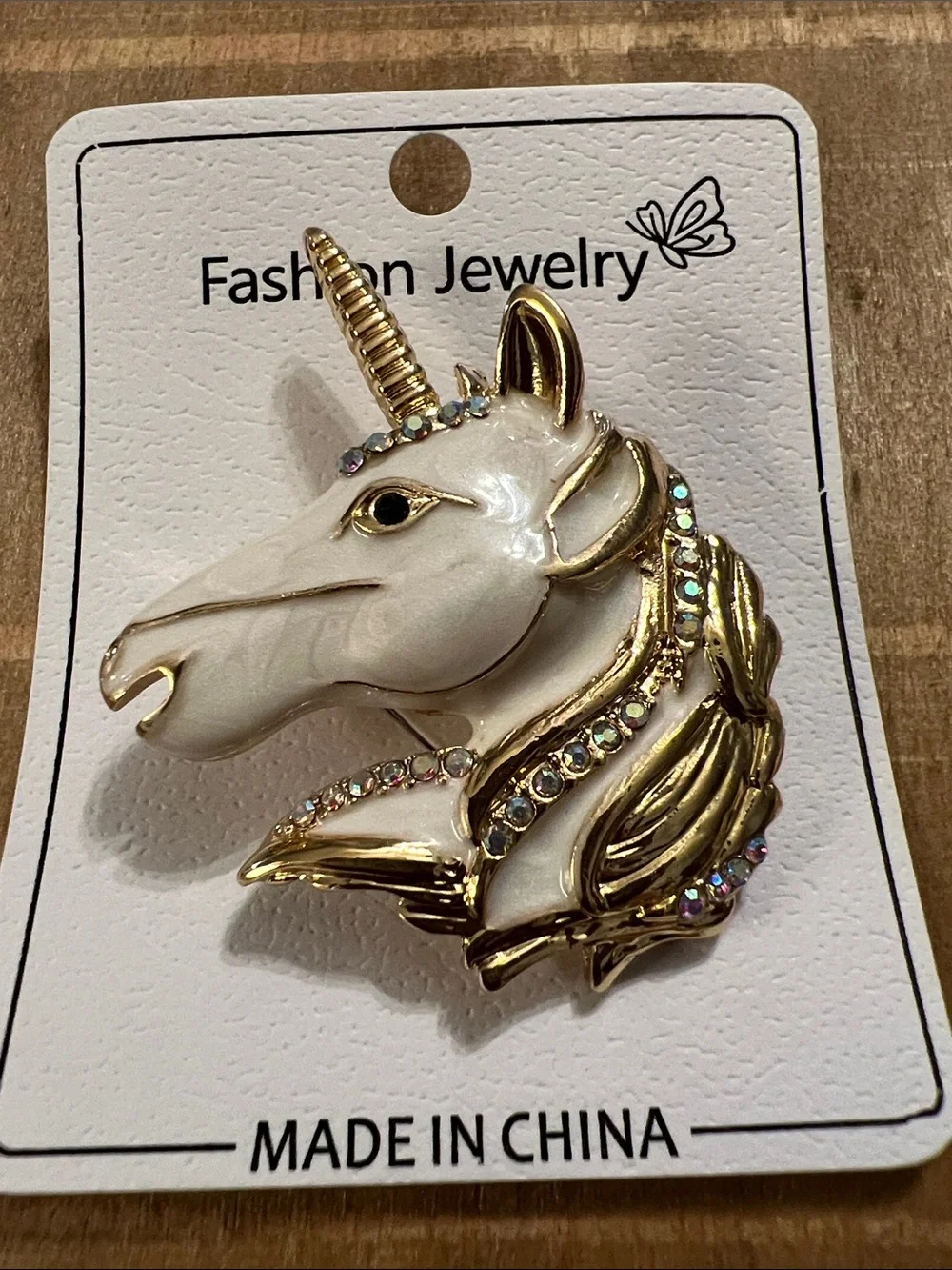 3/$18 Fashion Jewelry White & Gold Unicorn Head Brooch with Rhinestones Lot 6054